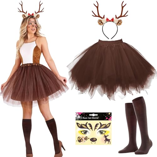 Rentier Karneval Damenkostüm, Rentier Tutu Rock, Rentier Geweih Haarreif, Glitter Gesichtstattoo, Reh Kostüm Erwachsene, Reh Kostüm Damen, Geeignet für Weihnachts Faschings Cosplay Mottoparty von YeahBoom