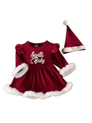 Yeahdor Baby Mädchen Weihnachten Kostüm Langarm Weihnachten Kleid mit Kunstpelz + Weihnachtsmütze Weihnachtsoutfit Cosplay Geburtstag Rot 62-68 von Yeahdor