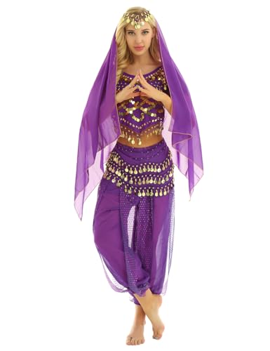 Yeahdor Damen Bauchtanz Kostüm Set Pailletten Bauchtanz Oberteil mit Mützen + Haremshose + Hüftschal + Schleier Karneval Fasching Cosplay Party Verkleidung A Lila Einheitsgröße Yeahdor Damen Bauchtanz Kostüm Set Pailletten Bauchtanz Oberteil mit Mützen + Haremshose + Hüftschal + Schleier Karneval Fasching Cosplay Party Verkleidung A Lila Einheitsgröße von Yeahdor