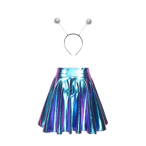 Yeahdor Damen Alien Kostüm Set Metallic Faltenrock mit Alien Stirnband Hohe Taille Minirock Astronautin Space Girl Cosplay Mottoparty B Blau S Yeahdor Damen Alien Kostüm Set Metallic Faltenrock mit Alien Stirnband Hohe Taille Minirock Astronautin Space Girl Cosplay Mottoparty B Blau S von Yeahdor