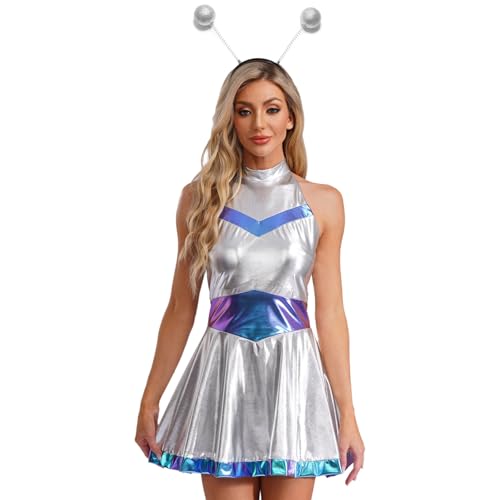 Yeahdor Damen Alien Kostüm Set Metallic Neckholder Kleid mit Alien Stirnband Holographic Space Girl Cosplay Fasching Maskerade Blau XXL Yeahdor Damen Alien Kostüm Set Metallic Neckholder Kleid mit Alien Stirnband Holographic Space Girl Cosplay Fasching Maskerade Blau XXL von Yeahdor