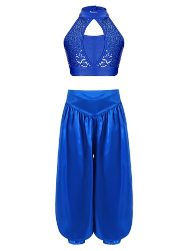 Yeahdor Damen Mädchen Bauchtanz Outfit Halsausschnitt Leicht Perlen Dekor Kurzarm Top mit Weitbeinigen Satin Hosen Tanz Blau 122-128 Yeahdor Damen Mädchen Bauchtanz Outfit Halsausschnitt Leicht Perlen Dekor Kurzarm Top mit Weitbeinigen Satin Hosen Tanz Blau 122-128 von Yeahdor