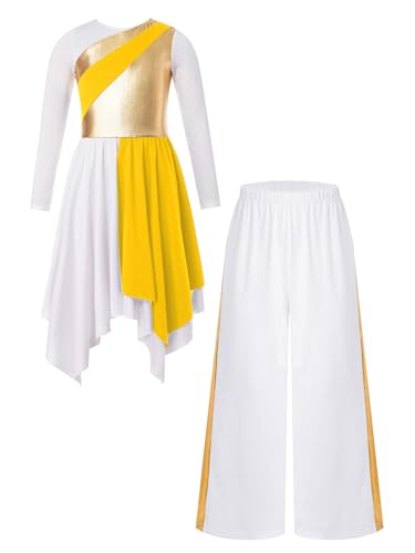 Yeahdor Damen Mädchen Langarm Tanzoutfit Metallkontrast Asymmetrisches Kleid mit Weitbeinigen Hosen Tanz Performance Gelb 122-128 Yeahdor Damen Mädchen Langarm Tanzoutfit Metallkontrast Asymmetrisches Kleid mit Weitbeinigen Hosen Tanz Performance Gelb 122-128 von Yeahdor