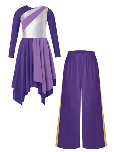 Yeahdor Damen Mädchen Langarm Tanzoutfit Metallkontrast Asymmetrisches Kleid mit Weitbeinigen Hosen Tanz Performance Violett 110-116 Yeahdor Damen Mädchen Langarm Tanzoutfit Metallkontrast Asymmetrisches Kleid mit Weitbeinigen Hosen Tanz Performance Violett 110-116 von Yeahdor