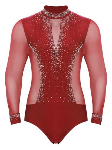 Yeahdor Damen Tanz Leotard Langarm Mesh-Patchwork mit Funkennden Steinen Party Dance Outfit Rot M Yeahdor Damen Tanz Leotard Langarm Mesh-Patchwork mit Funkennden Steinen Party Dance Outfit Rot M von Yeahdor