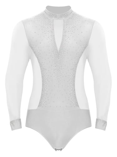 Yeahdor Damen Tanz Leotard Langarm Mesh-Patchwork mit Funkennden Steinen Party Dance Outfit Weiß S von Yeahdor