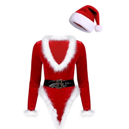 Yeahdor Damen Weihnachten kostüm Langarm Weihnachtsbody mit Weihnachtsmütze + Gürtel Miss Santa Claus Kostüm Party Clubwear B Rot 3XL von Yeahdor