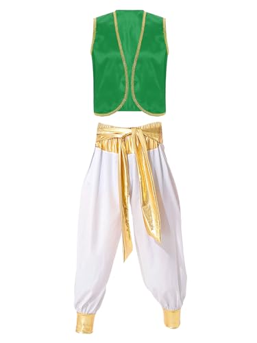 Yeahdor Herren Arabischer Prinz Kostüm Weste mit Pumphose Lange Hosen Halloween Karneval Fasching Cosplay Outfits B Grün Weiß 3XL von Yeahdor