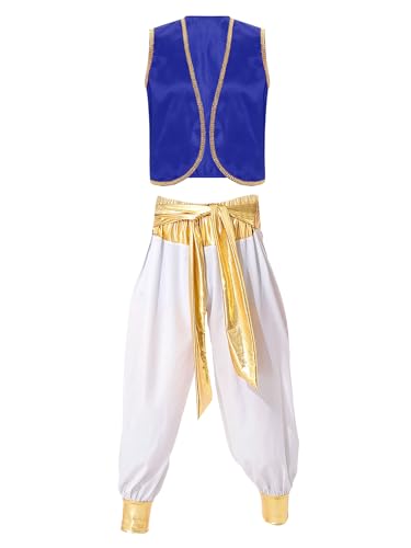 Yeahdor Herren Arabischer Prinz Kostüm Weste mit Pumphose Lange Hosen Halloween Karneval Fasching Cosplay Outfits B Königsblau und Weiß 3XL von Yeahdor