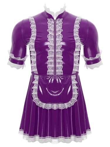 Yeahdor Herren Sissy Dienstmädchen Kostüm Kurzarm Kleid mit Spitze Trim Lackleder Maid Uniform Unterwäsche Cosplay Clubwear Violett 4XL Yeahdor Herren Sissy Dienstmädchen Kostüm Kurzarm Kleid mit Spitze Trim Lackleder Maid Uniform Unterwäsche Cosplay Clubwear Violett 4XL von Yeahdor