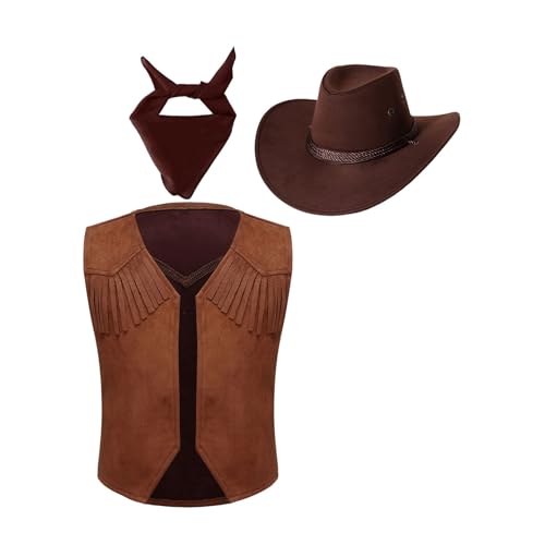 Yeahdor Kinder Jungen Cowboy Kostüm Set Ärmellos Cowboy Braune Weste + Cowboy Hut + Bandana Tanzkostüm Bühnenauftritte Cosplay Party Verkleidung Braun 122-128 Yeahdor Kinder Jungen Cowboy Kostüm Set Ärmellos Cowboy Braune Weste + Cowboy Hut + Bandana Tanzkostüm Bühnenauftritte Cosplay Party Verkleidung Braun 122-128 von Yeahdor