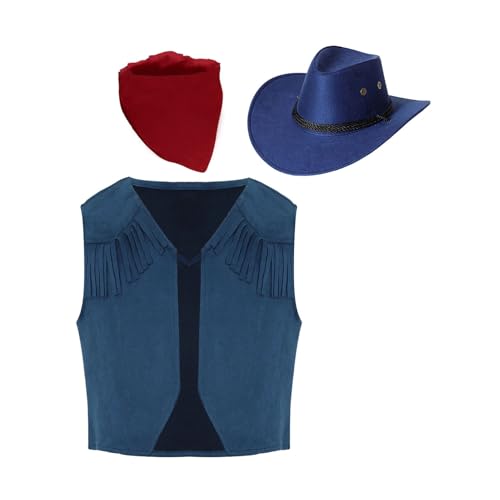 Yeahdor Kinder Jungen Cowboy Kostüm Set Ärmellos Cowgirl Braune Weste mit Quasten+ Cowboy Hut + Bandana Tanzkostüm Cosplay Party Kostüm Marine blau 146-152 Yeahdor Kinder Jungen Cowboy Kostüm Set Ärmellos Cowgirl Braune Weste mit Quasten+ Cowboy Hut + Bandana Tanzkostüm Cosplay Party Kostüm Marine blau 146-152 von Yeahdor