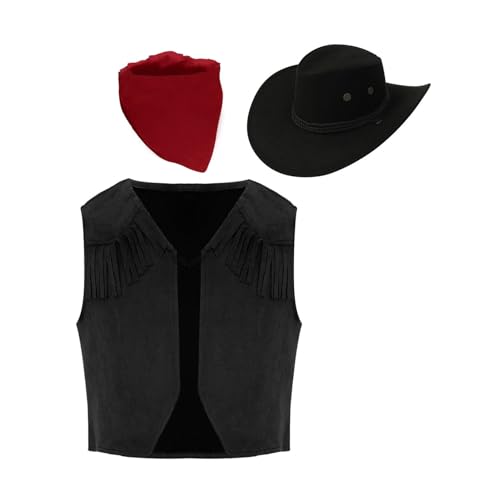 Yeahdor Kinder Jungen Cowboy Kostüm Set Ärmellos Cowgirl Braune Weste mit Quasten+ Cowboy Hut + Bandana Tanzkostüm Cosplay Party Kostüm Schwarz 170-176 Yeahdor Kinder Jungen Cowboy Kostüm Set Ärmellos Cowgirl Braune Weste mit Quasten+ Cowboy Hut + Bandana Tanzkostüm Cosplay Party Kostüm Schwarz 170-176 von Yeahdor