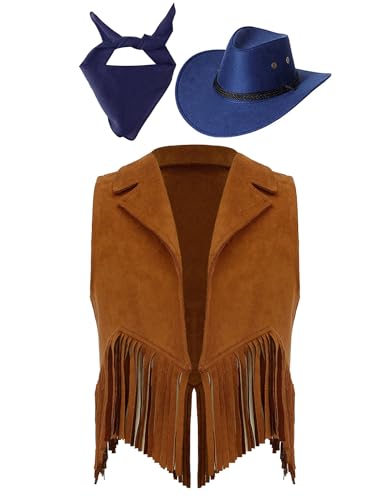 Yeahdor Kinder Jungen Mädchen Cowboy Kostüm Set Ärmellos Fransen Weste Cowboy Hut Bandana Cosplay Bühnenauftritte Mottoparty Braun und Blau 170 von Yeahdor