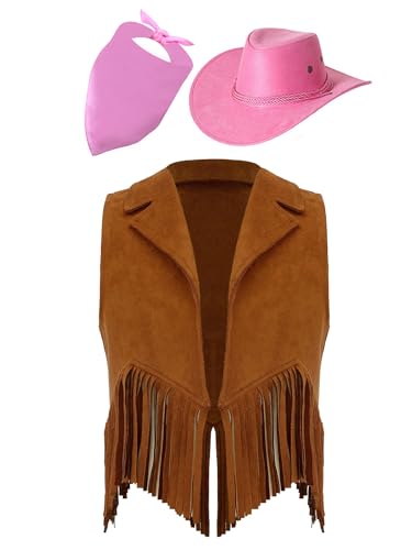 Yeahdor Kinder Jungen Mädchen Cowboy Kostüm Set Ärmellos Fransen Weste Cowboy Hut Bandana Cosplay Bühnenauftritte Mottoparty Braun und Rosa 122-128 Yeahdor Kinder Jungen Mädchen Cowboy Kostüm Set Ärmellos Fransen Weste Cowboy Hut Bandana Cosplay Bühnenauftritte Mottoparty Braun und Rosa 122-128 von Yeahdor