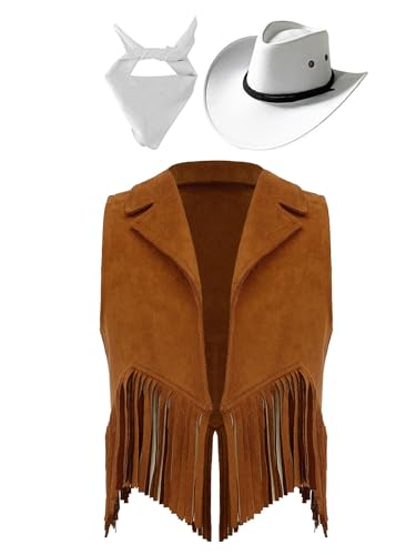 Yeahdor Kinder Jungen Mädchen Cowboy Kostüm Set Ärmellos Fransen Weste Cowboy Hut Bandana Cosplay Bühnenauftritte Mottoparty Braun weiß 170 Yeahdor Kinder Jungen Mädchen Cowboy Kostüm Set Ärmellos Fransen Weste Cowboy Hut Bandana Cosplay Bühnenauftritte Mottoparty Braun weiß 170 von Yeahdor