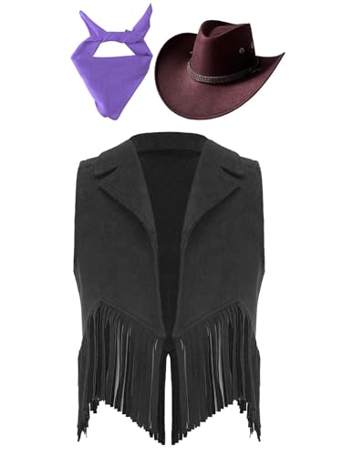Yeahdor Kinder Jungen Mädchen Cowboy Kostüm Set Ärmellos Fransen Weste Cowboy Hut Bandana Cosplay Bühnenauftritte Mottoparty Schwarz & Lila 170 Yeahdor Kinder Jungen Mädchen Cowboy Kostüm Set Ärmellos Fransen Weste Cowboy Hut Bandana Cosplay Bühnenauftritte Mottoparty Schwarz & Lila 170 von Yeahdor