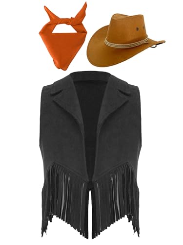 Yeahdor Kinder Jungen Mädchen Cowboy Kostüm Set Ärmellos Fransen Weste Cowboy Hut Bandana Cosplay Bühnenauftritte Mottoparty Schwarz & Orange 170 Yeahdor Kinder Jungen Mädchen Cowboy Kostüm Set Ärmellos Fransen Weste Cowboy Hut Bandana Cosplay Bühnenauftritte Mottoparty Schwarz & Orange 170 von Yeahdor