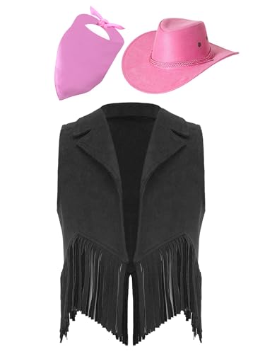 Yeahdor Kinder Jungen Mädchen Cowboy Kostüm Set Ärmellos Fransen Weste Cowboy Hut Bandana Cosplay Bühnenauftritte Mottoparty Schwarz & Rosa 170 Yeahdor Kinder Jungen Mädchen Cowboy Kostüm Set Ärmellos Fransen Weste Cowboy Hut Bandana Cosplay Bühnenauftritte Mottoparty Schwarz & Rosa 170 von Yeahdor
