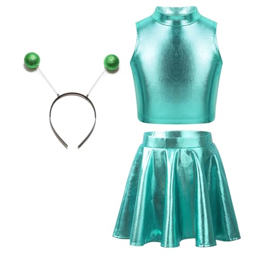 Yeahdor Kinder Mädchen Alien Kostüm Metallic Crop Top mit Faltenrock Alien Stirnband Set Holographic Astronautin Space Girl Cosplay Fasching blauer See 170 Yeahdor Kinder Mädchen Alien Kostüm Metallic Crop Top mit Faltenrock Alien Stirnband Set Holographic Astronautin Space Girl Cosplay Fasching blauer See 170 von Yeahdor