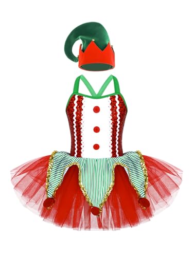 Yeahdor Kinder Mädchen Weihnachten Kleid Kurz Weihnachtself Kostüm mit Weihnachtsmütze Tanzbody Tutukleid Cosplay Party Rot 122-128 von Yeahdor
