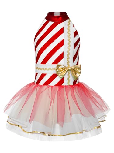 Yeahdor Kinder Mädchen Weihnachten Kleid Zuckerstangen Drick Weihnachten Kostüm Tutu Rock Miss Santa Claus Outfit Cosplay Rot 146-152 von Yeahdor