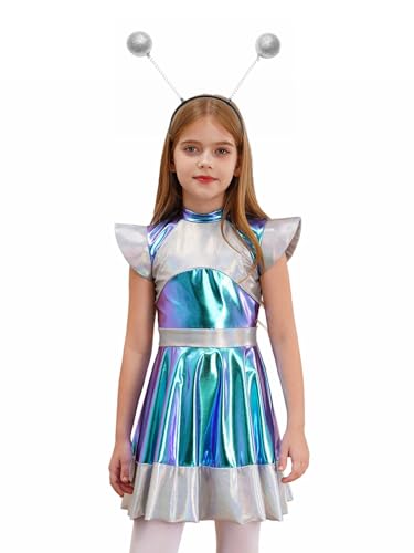 Yeahdor Mädchen Alien Space Girl Kostüm Holographic Tanzkleid mit Alien Haarreif Set Glitzer Partykleid Astronauten Tanzkostüm Silber 158-164 Yeahdor Mädchen Alien Space Girl Kostüm Holographic Tanzkleid mit Alien Haarreif Set Glitzer Partykleid Astronauten Tanzkostüm Silber 158-164 von Yeahdor