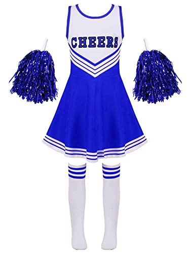 Yeahdor Mädchen Cheer Leader Kleid Cheerleading Kostüm Minikleid mit 2 Pompoms Schuluniform Karneval Fasching Party Cosplay Kostüm C Blau 98-104 von Yeahdor