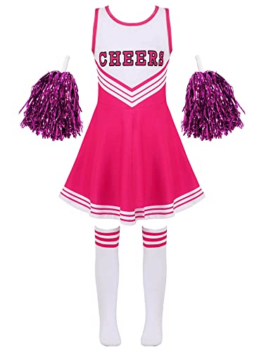 Yeahdor Mädchen Cheer Leader Kleid Cheerleading Kostüm Minikleid mit 2 Pompoms Schuluniform Karneval Fasching Party Cosplay Kostüm C Hot Pink 110-116 von Yeahdor