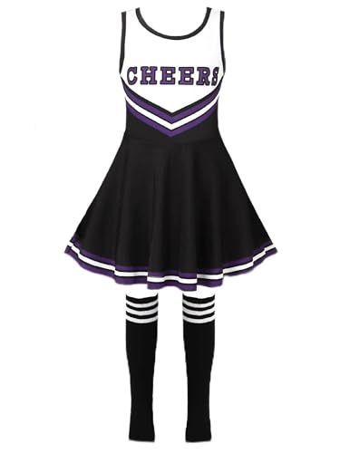 Yeahdor Mädchen Cheer Leader Kleid Cheerleading Kostüm Minikleid mit 2 Pompoms Schuluniform Karneval Fasching Party Cosplay Kostüm C Schwarz 110-116 von Yeahdor