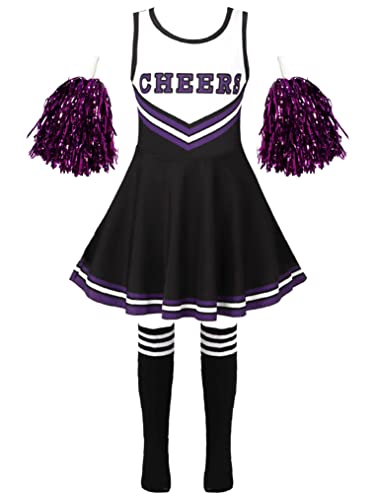 Yeahdor Mädchen Cheer Leader Kleid Cheerleading Kostüm Minikleid mit 2 Pompoms Schuluniform Karneval Fasching Party Cosplay Kostüm C Schwarz 122-128 von Yeahdor