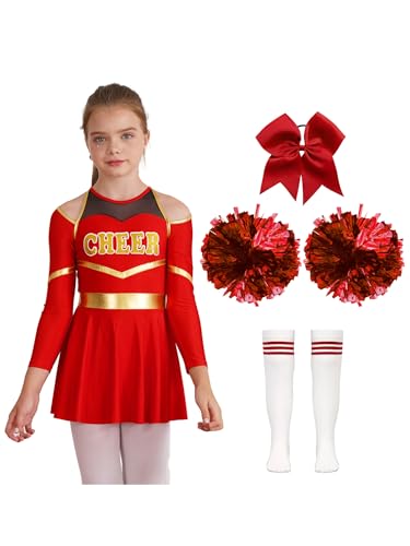Yeahdor Mädchen Cheer Leader Kostüm Langarm Cheer Leading Minikleid + Pompoms + Socken + Kopfbedeckung Karneval Fasching Verkleidung Aa Rot 110-116 von Yeahdor