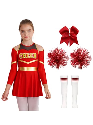 Yeahdor Mädchen Cheer Leader Kostüm Langarm Cheer Leading Minikleid + Pompoms + Socken + Kopfbedeckung Karneval Fasching Verkleidung Ab Rot 146-152 von Yeahdor