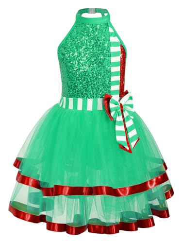 Yeahdor Mädchen Weihnachten Kleid Ärmellos Elfen Kleid mit Pailletten Weihnachtsoutfit Tuturock Bühnenauftritte Karneval Coslpay Kostüm Grün 134-140 von Yeahdor