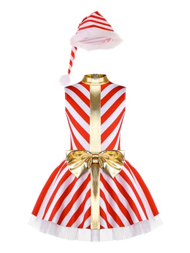 Yeahdor Mädchen Weihnachten Kostüm Ärmellos Elfen Kleid mit Weihnachtsmütze Zuckerstange Kostüm Weihnachtsoutfit Party Festzug Rot 170-176 von Yeahdor