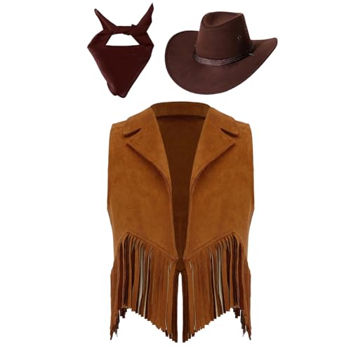 Yeahdor Unisex Kinder Cowboy Kostüm Zubehör Cowboy Hut mit Fransenweste Bandana Set Western Cowgirl Cosplay Fasching Mottoparty Braun 170 von Yeahdor