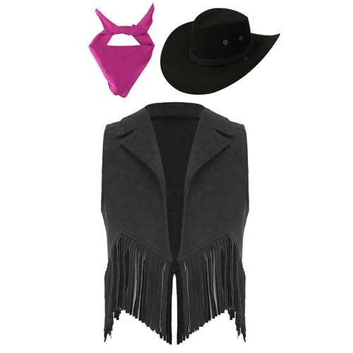 Yeahdor Unisex Kinder Cowboy Kostüm Zubehör Cowboy Hut mit Fransenweste Bandana Set Western Cowgirl Cosplay Fasching Mottoparty Schwarz 110-116 Yeahdor Unisex Kinder Cowboy Kostüm Zubehör Cowboy Hut mit Fransenweste Bandana Set Western Cowgirl Cosplay Fasching Mottoparty Schwarz 110-116 von Yeahdor