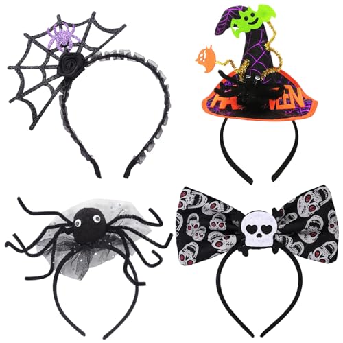 Halloween Haarreif Set - 4 Stücke Haarschmuck Mit Spinne, Fledermaus, Hexenhut - Kostüm Accessoire für Halloween, Karneval & Fasching von Yealiely