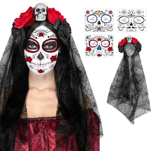 Yealiely Halloween Kopfschmuck Damen, Tag der Toten Kostüm Damen, Halloween Haarreif, Halloween Schleier und Halloween Tattoo Gesicht, Rosen Totenkopf Kopfschmuck, Halloween Damen Kostüm Accessoires von Yealiely