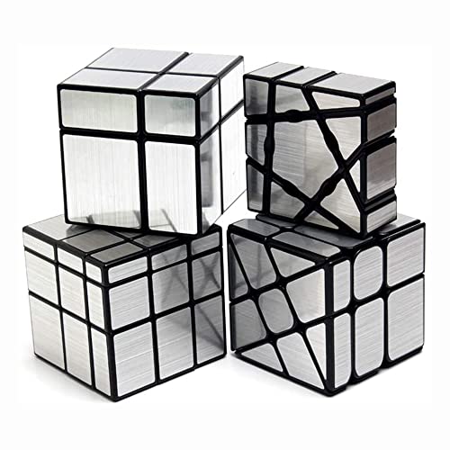 Yealvin Mirror Cube Set, Zauberwürfel Set 1×3×3 Floppy Cube 2×2, 3×3 Zauberwürfel Spiegel und 3×3 Windmill Magic Cube Puzzle für die Intelligenzentwicklung Brain Teaser 4 Pack -Silber von Yealvin