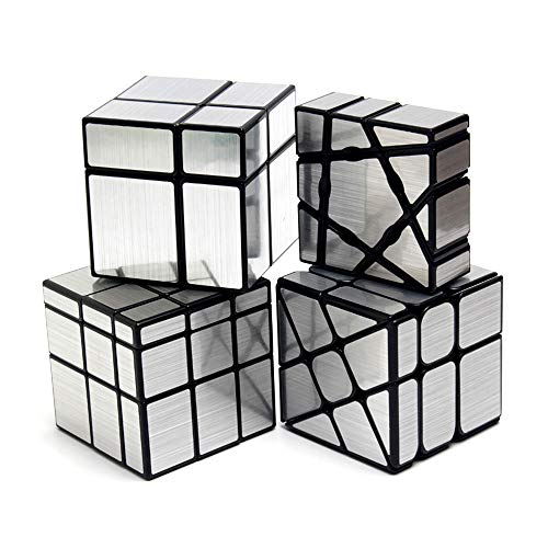 Yealvin Spiegelwürfel-Set, Spiegelwürfel, Set mit 1 × 3 × 3 Floppy Cube 2 × 2 Geschwindigkeitswürfel 3 × 3 Windmühlen-Zauberwürfel und 3 × 3 Spiegel-Würfel, 4 Stück, Silber von Yealvin