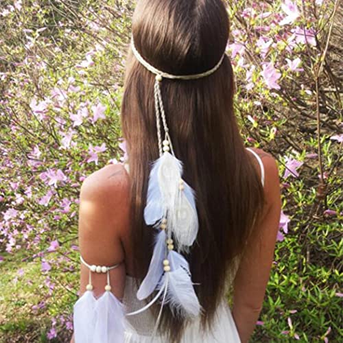 Yean Boho Feder Stirnband Indische Hippie Kopfbedeckung Weiße Feder Kopfkette Perlen Haarband Kopfschmuck Zubehör für Damen von Yean