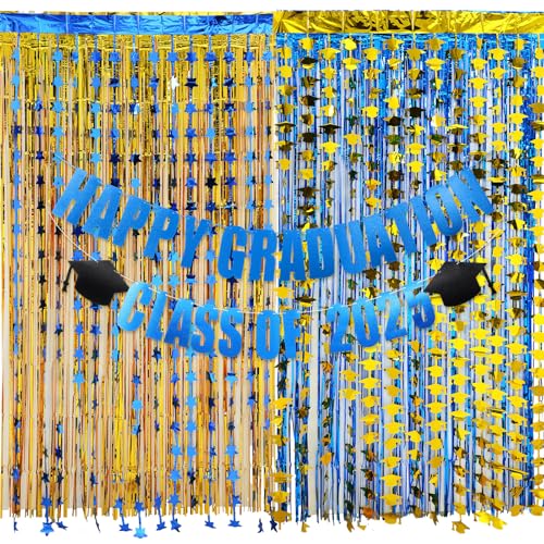 Yeaqee 9 Stück 2025 Abschluss-Party-Dekorationen, 8 Stück Abschlusskappe und Stern-Folien-Fransenvorhang mit 1 Packung vorbespannten Grad Banner Booth Streamer Hintergrund für Abschlussfeier (Blau von Yeaqee