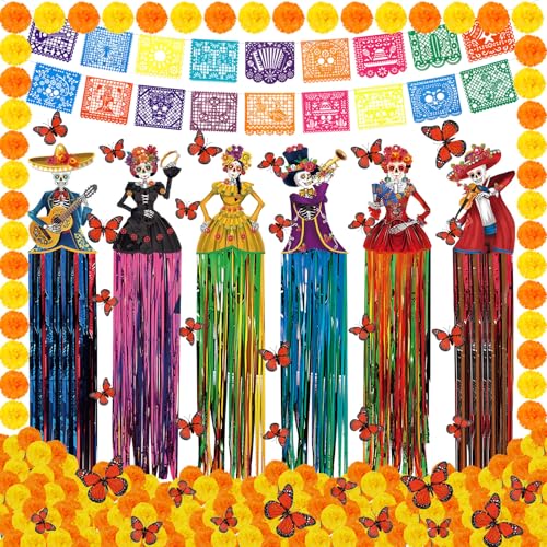 Yeaqee Dia De Los Muertos Dekorationsset Tag der Toten Zuckerschädel hängende Dekoration Banner Papel Picado Ringelblume Schmetterling Wirbel für Ofrenda Altar Halloween Party Zuhause Outdoor von Yeaqee