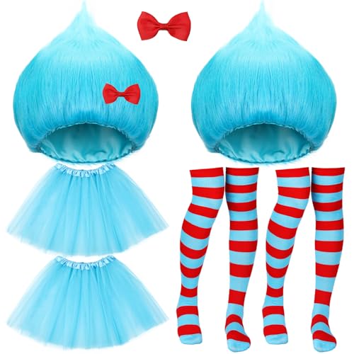 Yearntown 8-teiliges blaues Kostüm-Set, Outfit-Zubehör mit blauen haarigen Perücken, roten Schleifen, Tutu-Röcken, gestreiften Socken für Damen, Halloween, Cosplay, Kostüm, Motto-Party Yearntown 8-teiliges blaues Kostüm-Set, Outfit-Zubehör mit blauen haarigen Perücken, roten Schleifen, Tutu-Röcken, gestreiften Socken für Damen, Halloween, Cosplay, Kostüm, Motto-Party von Yearntown