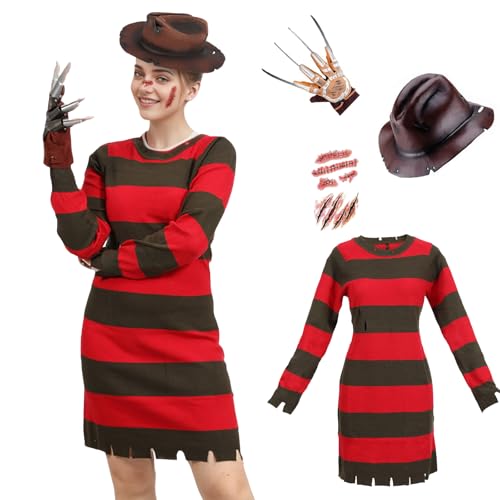 Yearsahrk 4-Teiliges Freddy Krueger Kostüm für Damen Nightmare Killer Strickkleid Mütze Handschuhe Narbenaufkleber Halloween Karnevals Kostüm Yearsahrk 4-Teiliges Freddy Krueger Kostüm für Damen Nightmare Killer Strickkleid Mütze Handschuhe Narbenaufkleber Halloween Karnevals Kostüm von Yearsahrk