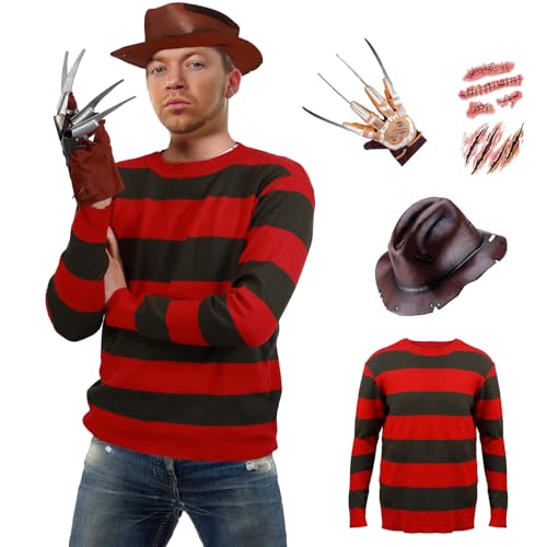 Yearsahrk Freddy Krueger Kostüm 4-teilig Albtraum Kostüm Gestreifter Pullover Handschuh Hut Narbenaufkleber Halloween Cosplay für Erwachsene (X-Large) von Yearsahrk
