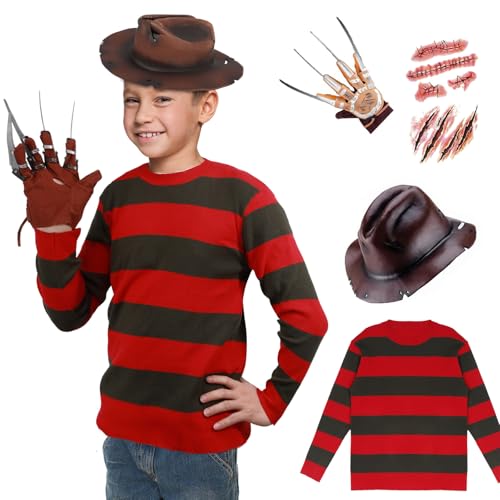 Yearsahrk Freddy Krüger Kostüm Kinder 4-Teilig Nightmare Elm Street Freddy Krueger Maske Gestreifter Pullover Handschuh Hut Karneval Halloween Kostüm von Yearsahrk
