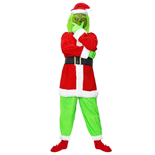 Yearsahrk Grinch Kostüm 6-Teilig Weihnachtsmann Kostüm Grünes Big Monster Kostüm Weihnachtskostüm Monster Pelziger Anzug Christmas Halloween Kostüm Requisiten von Yearsahrk