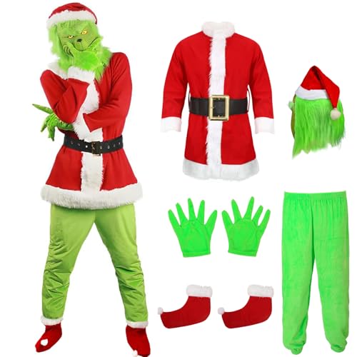 Yearsahrk Grinch Kostüm 6-Teilig Weihnachtsmann Kostüm Grünes Big Monster Kostüm Weihnachtskostüm Monster Pelziger Anzug Christmas Halloween Kostüm Requisiten von Yearsahrk